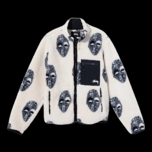 Stussy Mask Jacquard Sherpa Stand Collar Jacket White