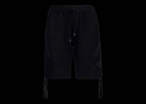 C.P. Company Diagonal Raised Fleece Drawsting Zip Detail Shorts Black
