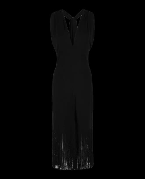 Ferragamo Plunging Sleeveless Fringe-Hem Midi Dress Black