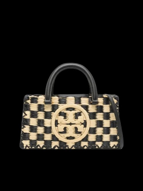 Tory Burch Ella Hand-Crocheted Checkered E/W Top Handle Black Natural