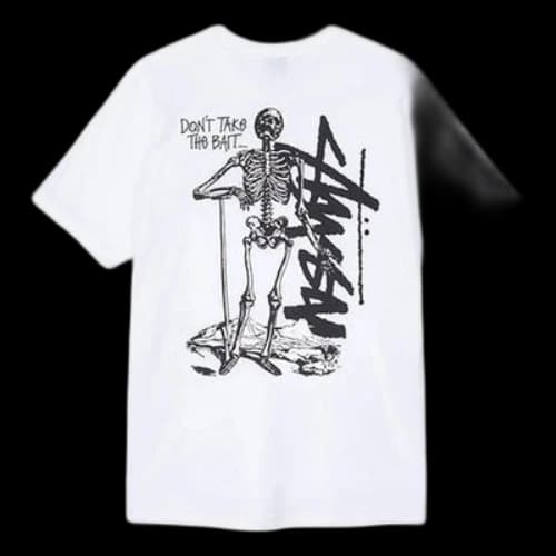 Stussy Dont Take The Bait Tee Skeleton Large Logo Short Sleeve Unisex White