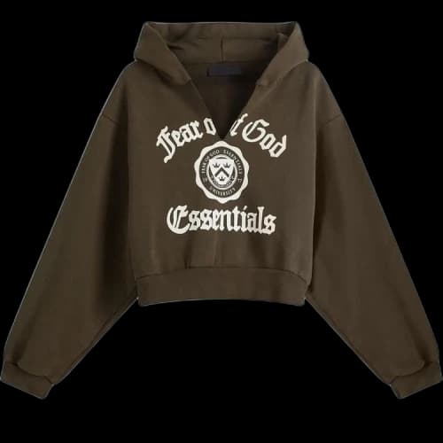 Fear of God Essentials Heavy Fleece Cropped V-Neck Hoodie 'Brown'