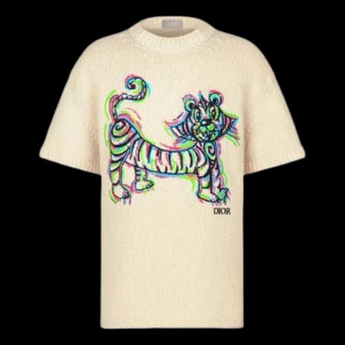DIOR x KENNY SCHARF SS21 Tiger embroidered knitted Tee M Cream