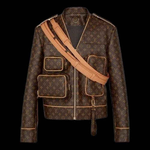 LOUIS VUITTON LV Monogram Presbyopic Show Stitching Pocket Leather Jacket For Men Brown