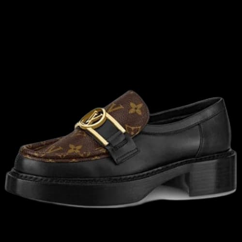 LOUIS VUITTON Academy Loafers 'Black with Brown Monogram and Gold Plate' (Women's)
