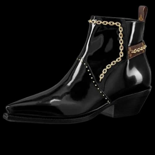LOUIS VUITTON Matador Ankle Boots 'Black with Gold Chain and Monogram Straps' (Women's)