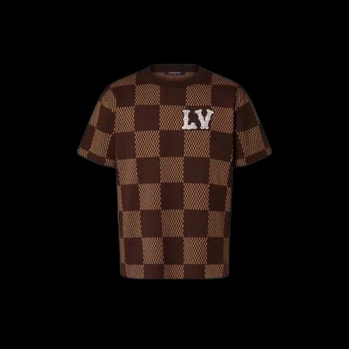 Louis Vuitton Short-Sleeved Cotton Damier Crewneck with Crystal LV Patch Sienna
