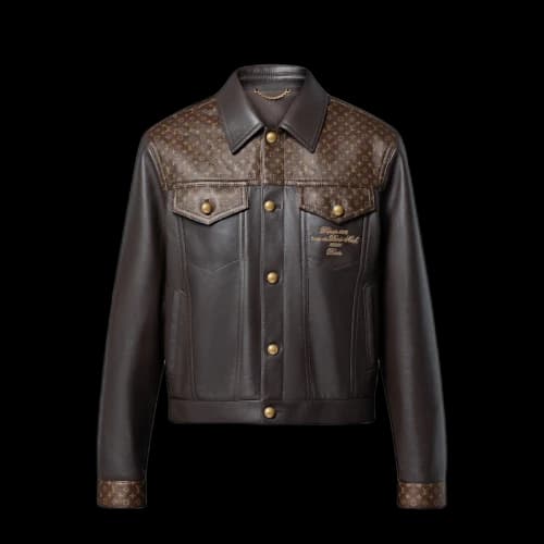 Louis Vuitton Embellished Leather Trucker Jacket Dark Brown
