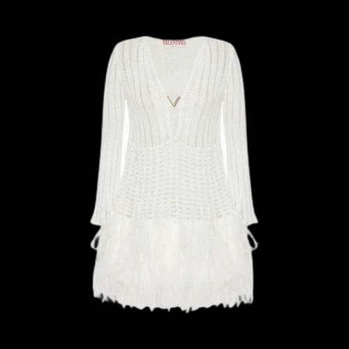 Valentino Crochet Knit Feathered Mini Dress 'White'