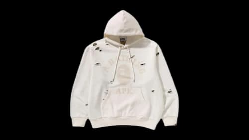 BAPE Destroyed College Relaxed Fit Layered Pullover Hoodie (FW25) Ivory