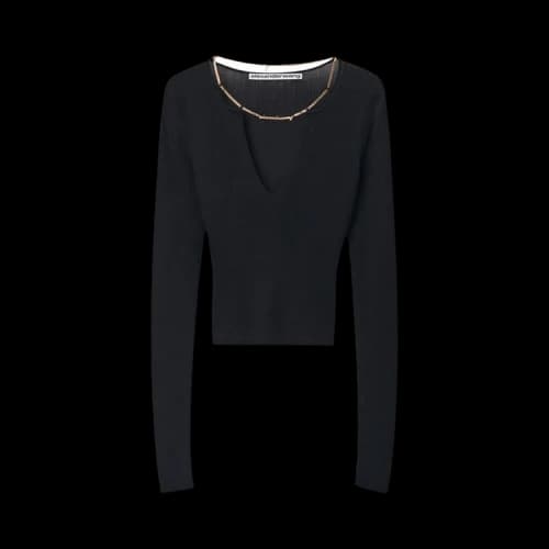 Alexander Wang Long-Sleeve V-Neck Pullover W/ Nameplate Chain 'Black'