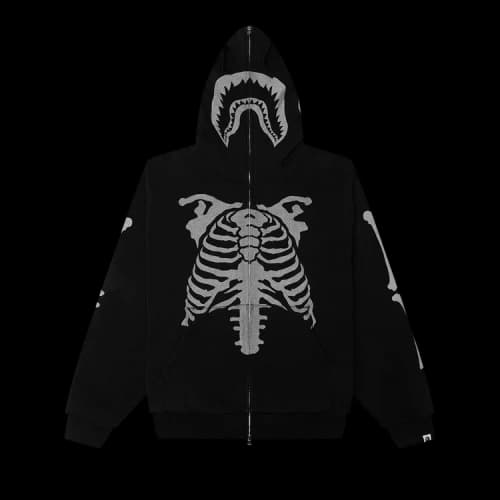 BAPE Skeleton Shark Heavy Washed Cropped Fit Full Zip Hoodie 'Black'