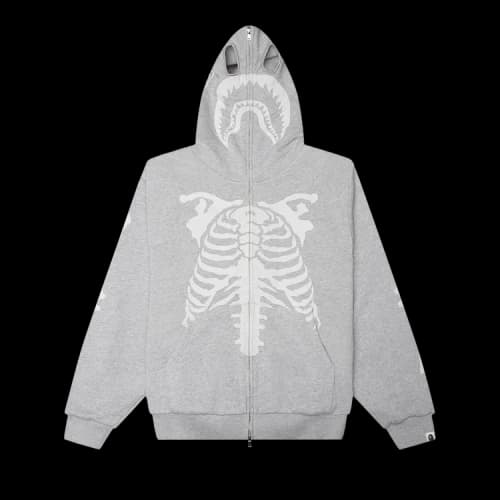 BAPE Skeleton Shark Heavy Washed Cropped Fit Full Zip Hoodie 'Grey'