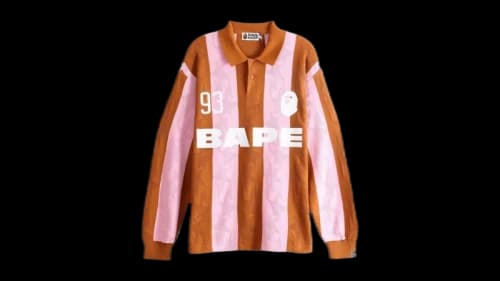 BAPE Sta Stripe Pattern Jacquard Multi Logo Relaxed Fit Long Sleeve Tee Beige