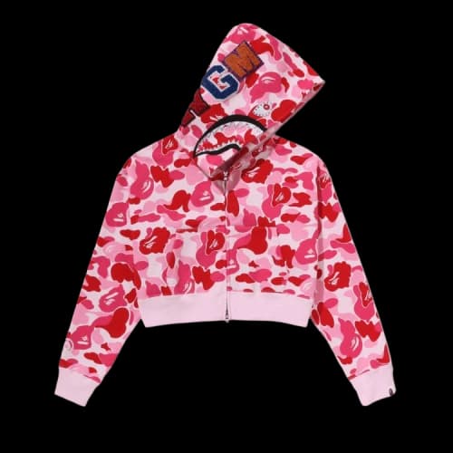 BAPE ABC Camo Crystal Stone Shark Cropped Full Zip Hoodie 'Pink'