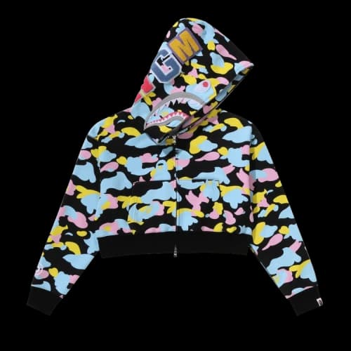 BAPE New Multi Camo Shark Cropped Full Zip Hoodie 'Black'