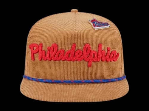 NBA Philadelphia 76Ers New Era Victory Grove Corduroy Sneaker Pin Golfer Adjustable Hat Tan