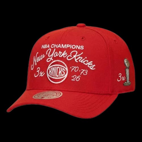 Mitchell & Ness New York Knicks Three-Time NBA Finals Champions Script Low Pro Snapback Hat 'Red'