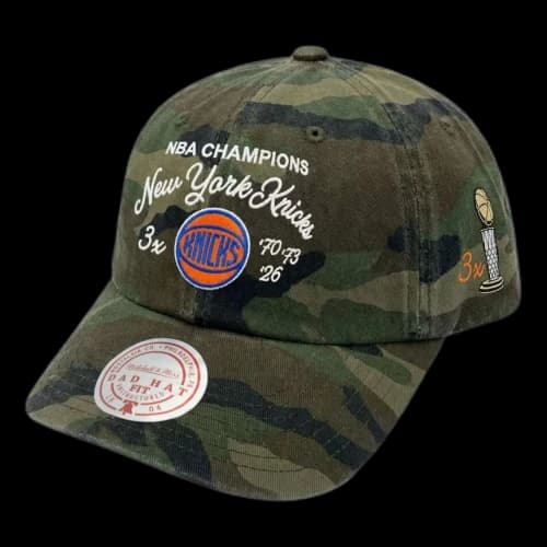 Mitchell & Ness New York Knicks Three-Time NBA Finals Champions Script Adjustable Dad Hat 'Camo'