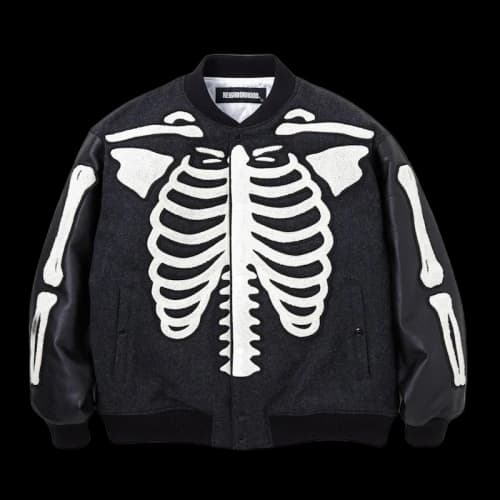 Neighborhood Skeleton Motif Embroidery Stadium Jacket Black