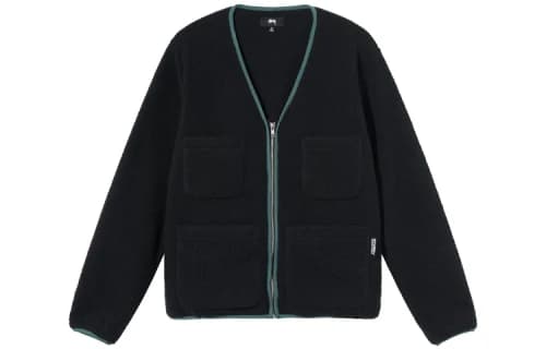 Stussy FW21 Polar Fleece Cardigan Solid Color Multiple Pockets Jacket Unisex Black