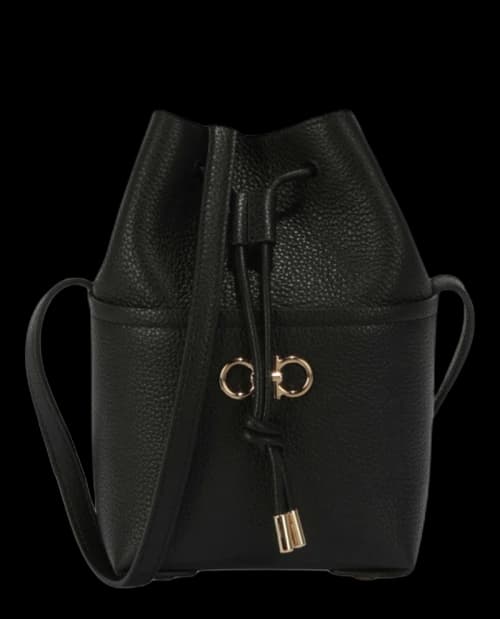 Ferragamo Gancini Logo Plaque Drawstring Bucket Bag Black