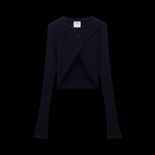 Courrèges Rib Knit Criss Cross Long-Sleeve Top 'Navy'