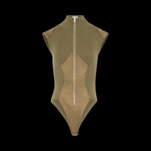 Jean Paul Gaultier Merino Wool Rib/Satin Cut Out Zipped Bodysuit 'Khaki'