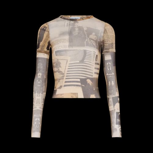 Jean Paul Gaultier Mesh Double Sleeves Tee Printed "Journal" 'Ecru/Light Grey/Red'