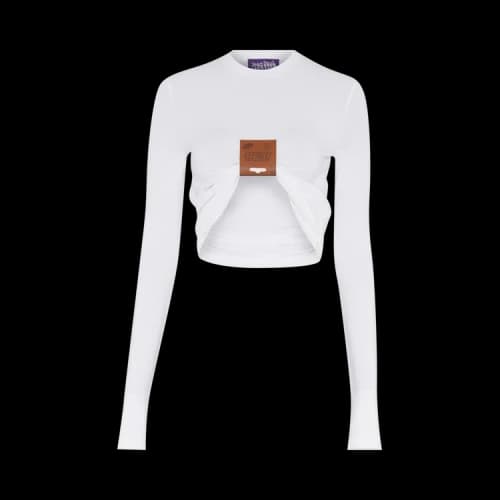Jean Paul Gaultier Stretch Viscose Jersey Long Sleeves Top With Leather Tag Detail 'White'
