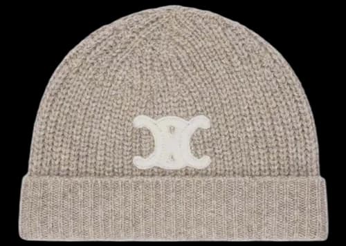 Celine Cashmere Embroidered Triomphe Beanie Beige/White