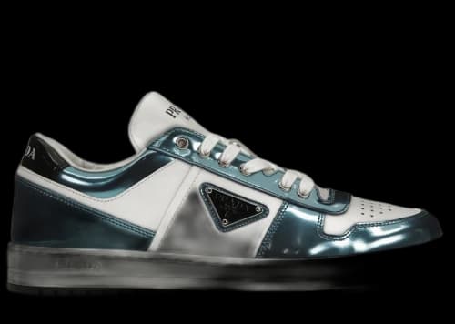 Prada Downtown Low Top Sneakers Leather White Metallic Blue