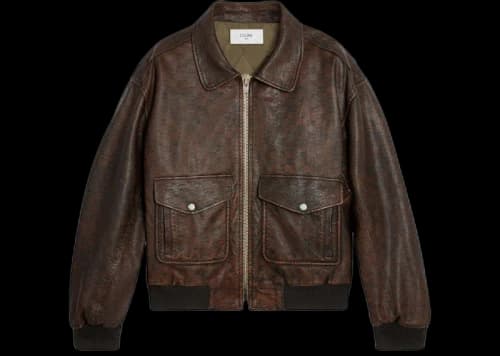Celine Aviator Blouson Jacket in Embossed Lambskin Dark Brown