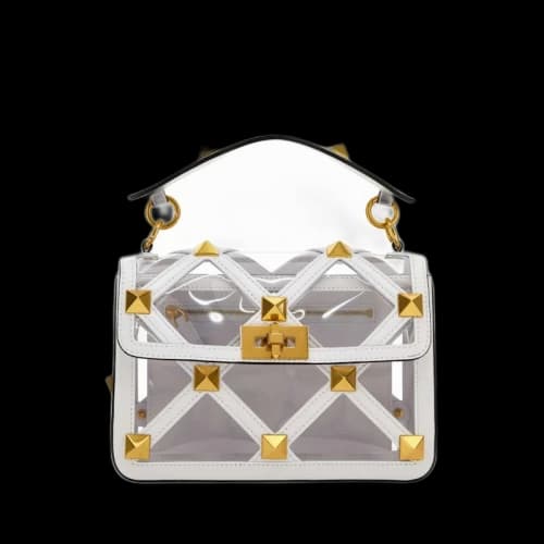 Valentino Roman Stud Foldover Top Shoulder Shoulder Bag Gold/White