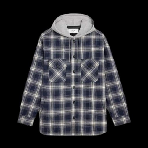 Celine Hooded Checked Cotton Overshirt Navy