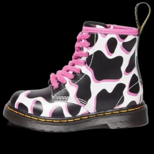 (TD) Dr. Martens 1460 Cow Print Patent Leather Lace Up Boots 'Black White Pink'