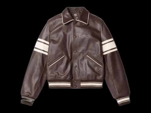 Stussy x Wales Bonner Leather Varsity Jacket Brown