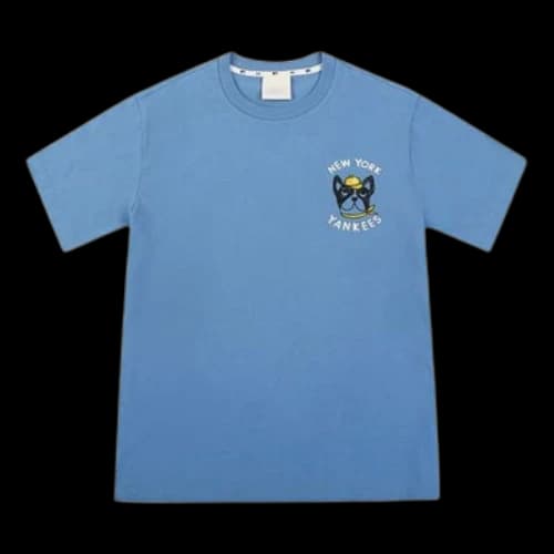 MLB Cartoon Series New York Yankees Basic Embroidered Round Neck Short Sleeve Unisex Sky Blue
