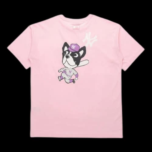 MLB Cartoon Series New York Yankees Printing Sports Round Neck Loose Short Sleeve Unisex Pink Red