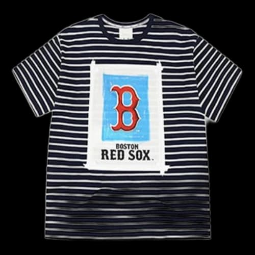 MLB The Red Sox Large Logo Printing Stripe Loose Round Neck Short Sleeve Unisex Navy Blue
