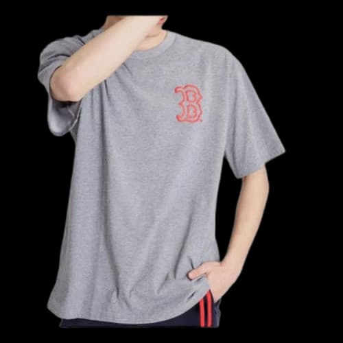 MLB LIKE Popcorn Series Boston Red Sox Graffiti Printing Round Neck Loose Short Sleeve Unisex Gray