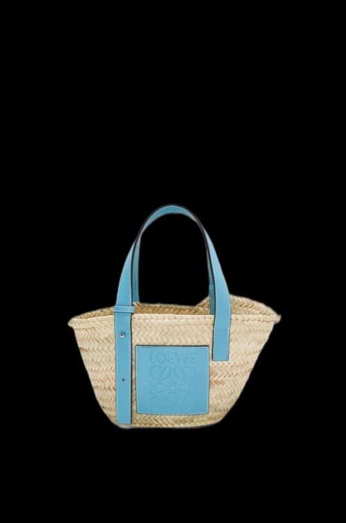 LOEWE x Howls Small Basket Bag In Palm Leaf And Calfskin Light Blue