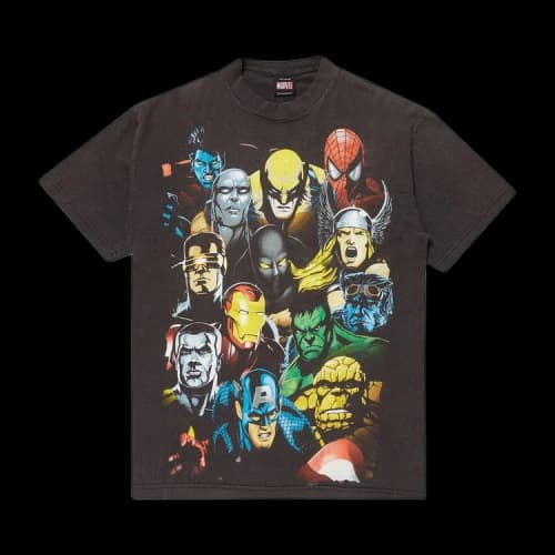 Pre-Owned Vintage 1990's Marvel Comics Mad Engine Heroes Collage Tee 'Faded Black'