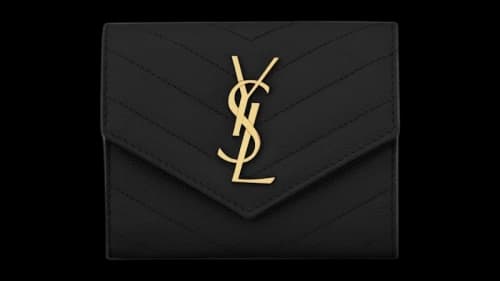 Saint Laurent Cassandre Matelasse Compact Tri Fold Wallet in Grain De Leahter Poudre Black
