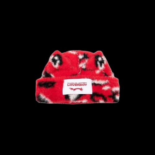 Charles Jeffrey Loverboy Fluffy Chunky Ears Beanie 'Red Leopard'