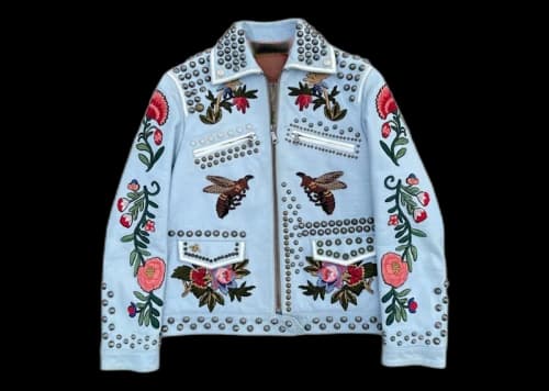 Gucci Women's Floral Embroidered Leather Jacket Blue