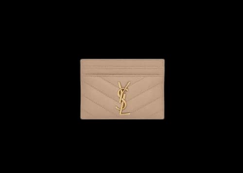 Saint Laurent Cassandre Matelasse Card Case in Grain De Poudre Embossed Leather Dark Beige