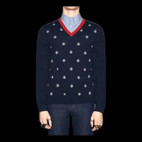 Gucci Bee Print V-Neck Sweater For Men Navy