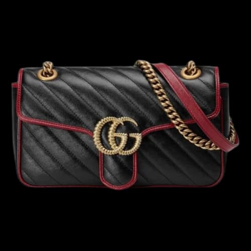 Gucci GG Marmont Gold Logo Colorblock Leather Chain Shoulder Messenger Bag Small Black / Red Retro