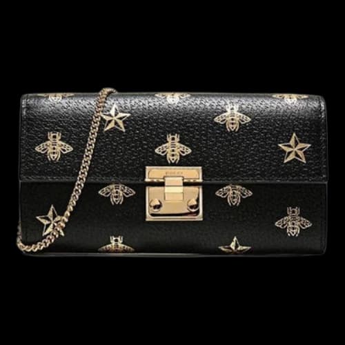 Gucci Padlock Metallic Bee Star Printing Leather Chain Wallet Shoulder Bag Armpit Black Handbag (Women's)